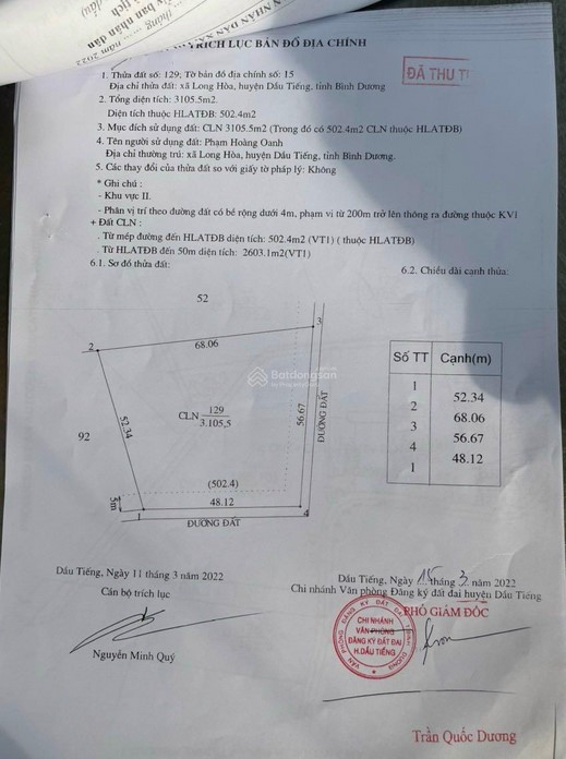 Bán 2 lô đất trung tâm Dầu Tiếng 7.300 m² CLN