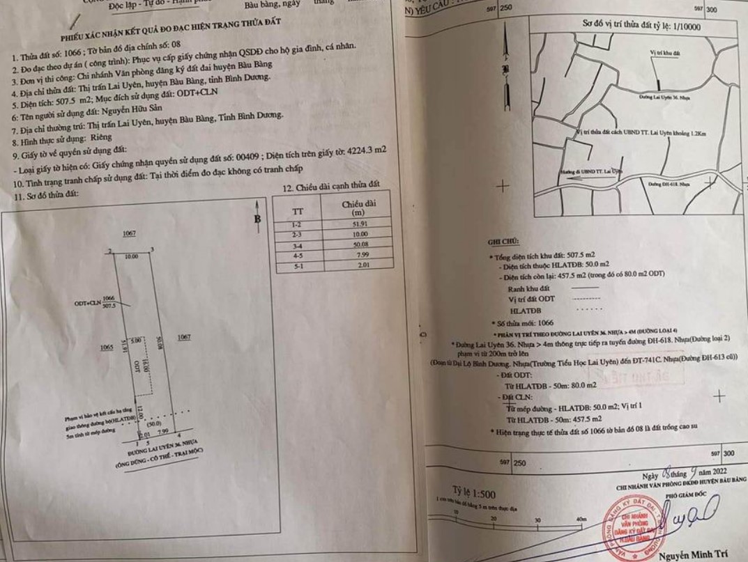 Đất bán tại Lai Uyên 10 x 51 m, thổ cư 80 m2, giá 1 tỷ 300