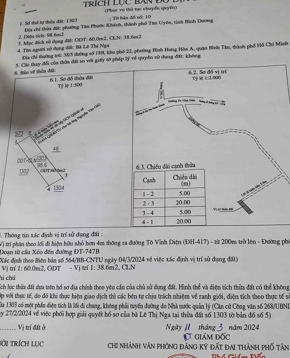 Bán thửa đất 5 x 20, thổ cư 60 tại Tân Phước Khánh